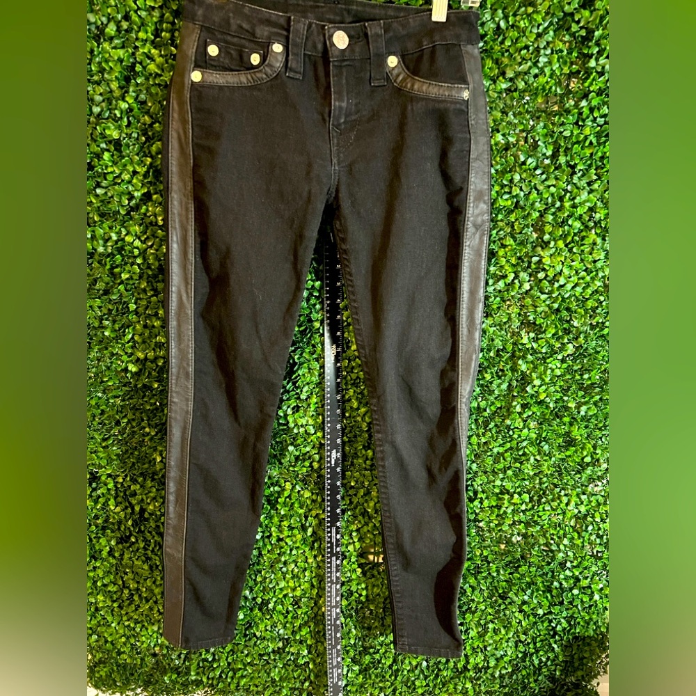 TRUE RELIGION Women's Black Wash Section Leggings Jeans Leather Trim, Size 27